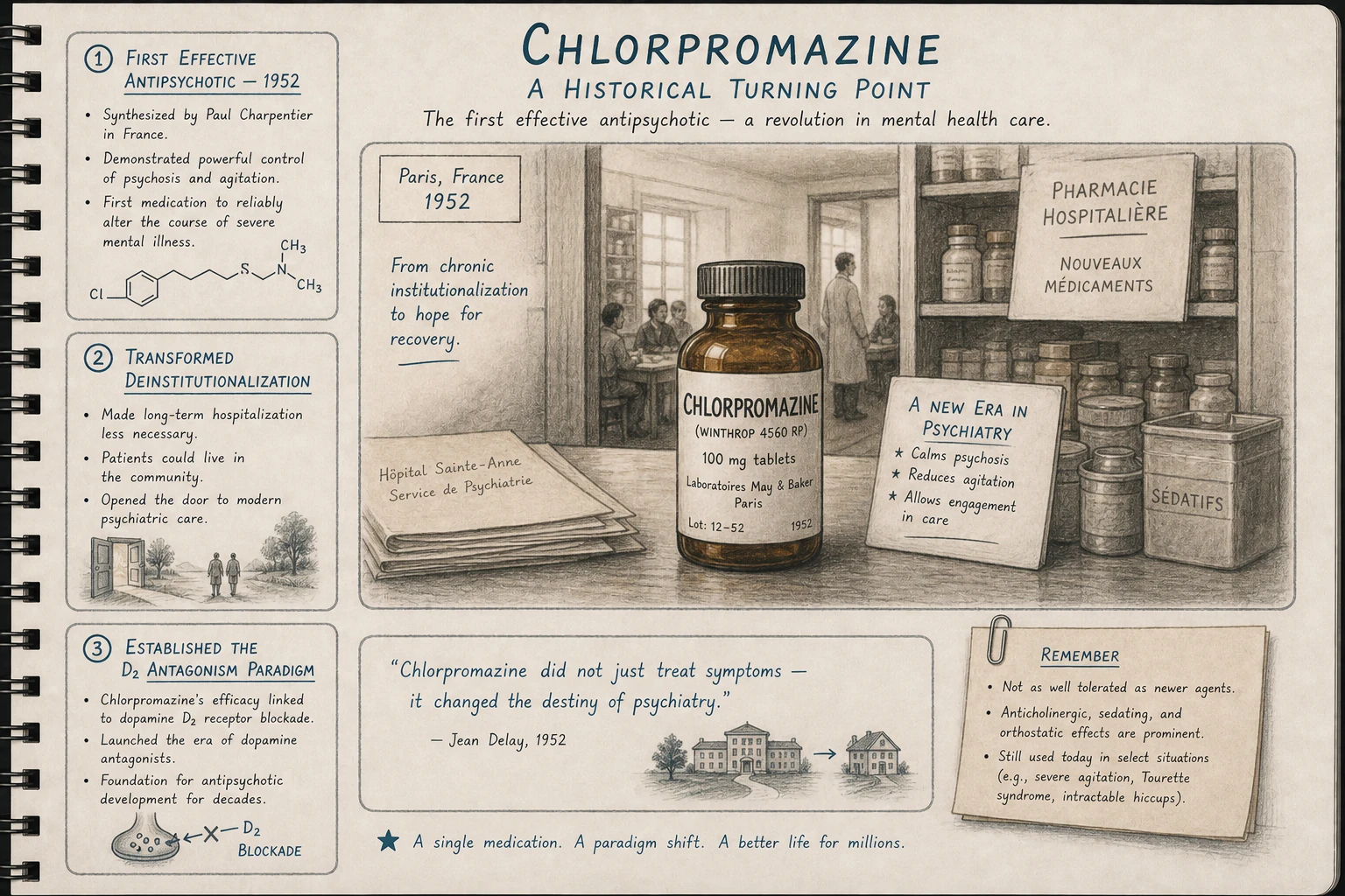 Chlorpromazine 1952 — first effective antipsychotic, fundamentally transforming asylum psychiatry. The "tranquilizer revolution" began here. Modern use is limited but the historical role is foundational.