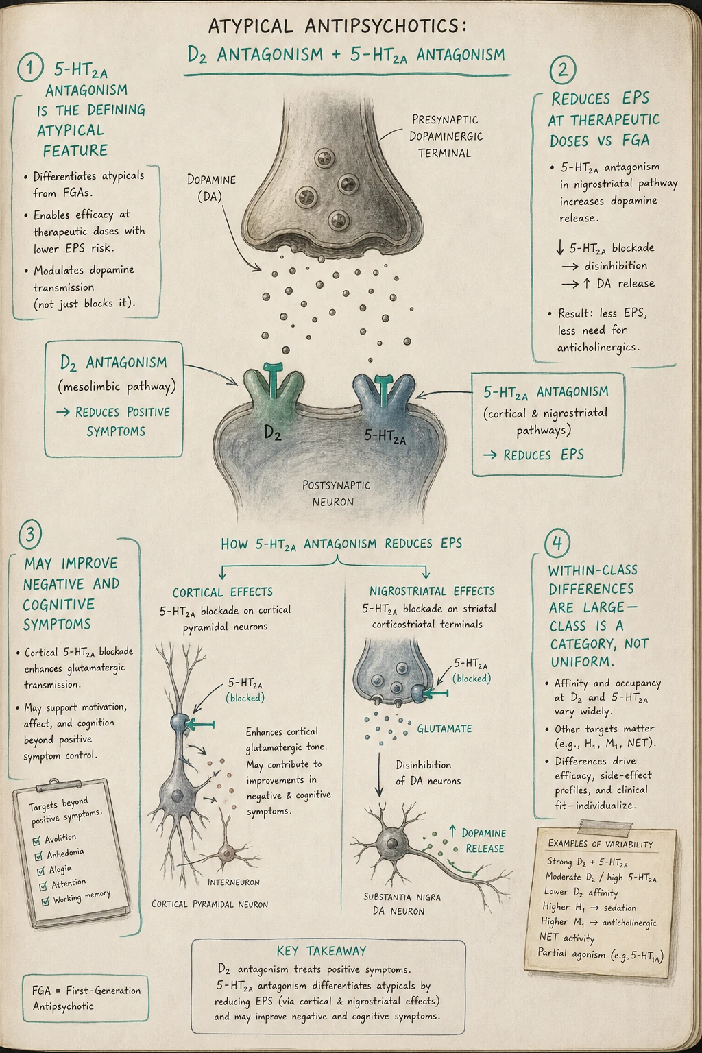 The "atypical" mechanism: D2 antagonism (treats positive symptoms) + 5-HT2A antagonism (reduces EPS via cortical and nigrostriatal effects). 5-HT2A blockade enhances dopamine release in PFC and nigrostriatum — counteracting the D2 blockade where it would cause problems.