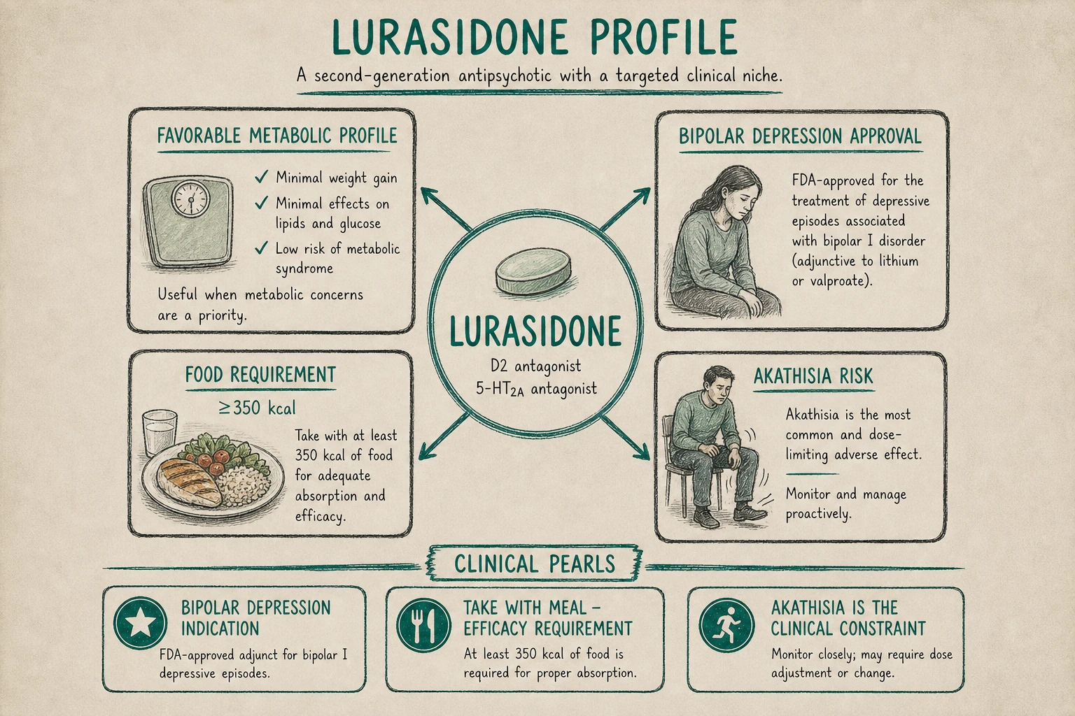 Lurasidone: favorable metabolic profile + bipolar depression approval. Food requirement (≥350 kcal) and akathisia are clinical constraints.