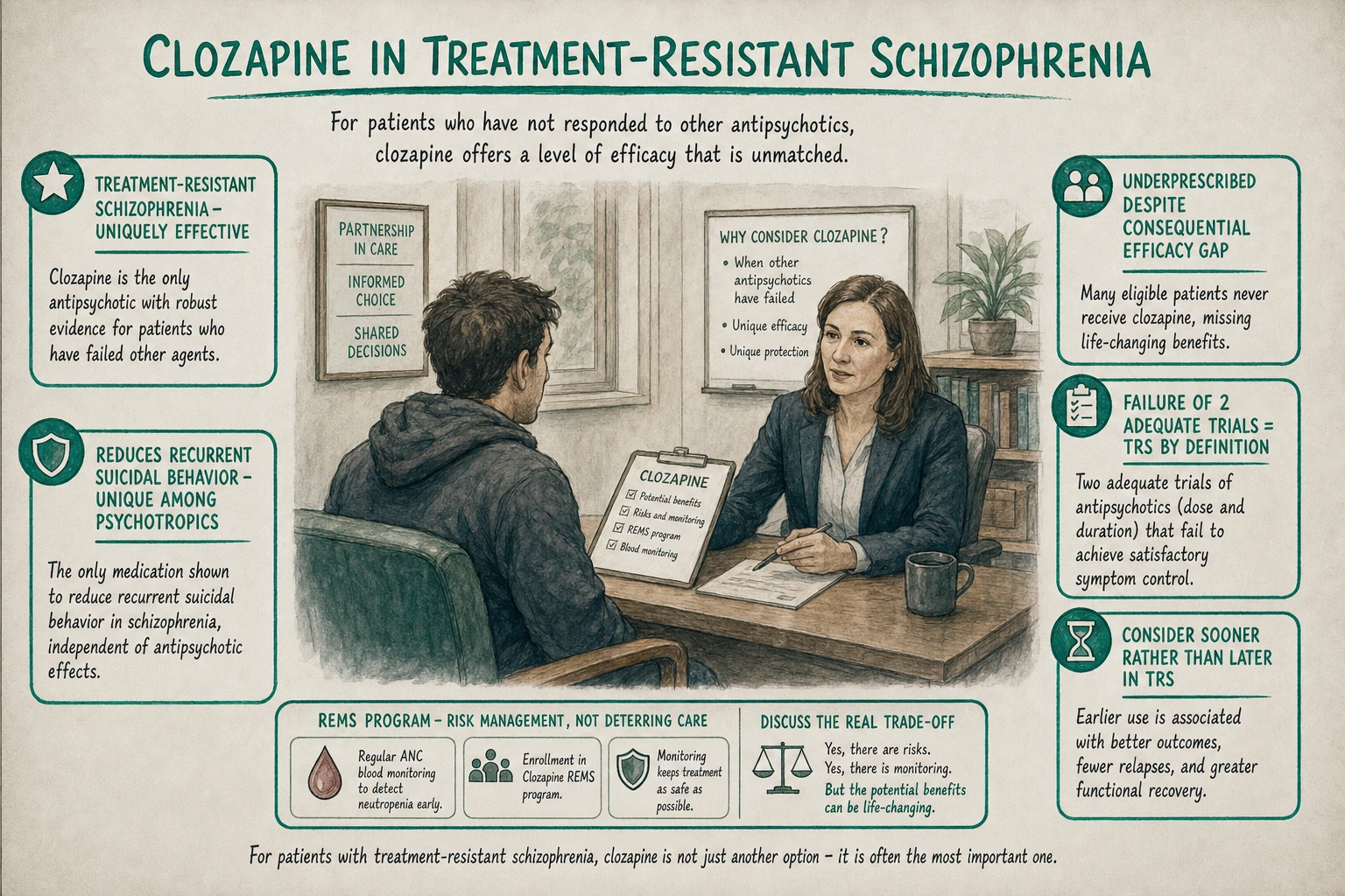 Clozapine's unique efficacy: treatment-resistant schizophrenia (failed 2 prior antipsychotics). Demonstrably more effective than alternatives in this population — and uniquely reduces suicide risk. No replacement available.