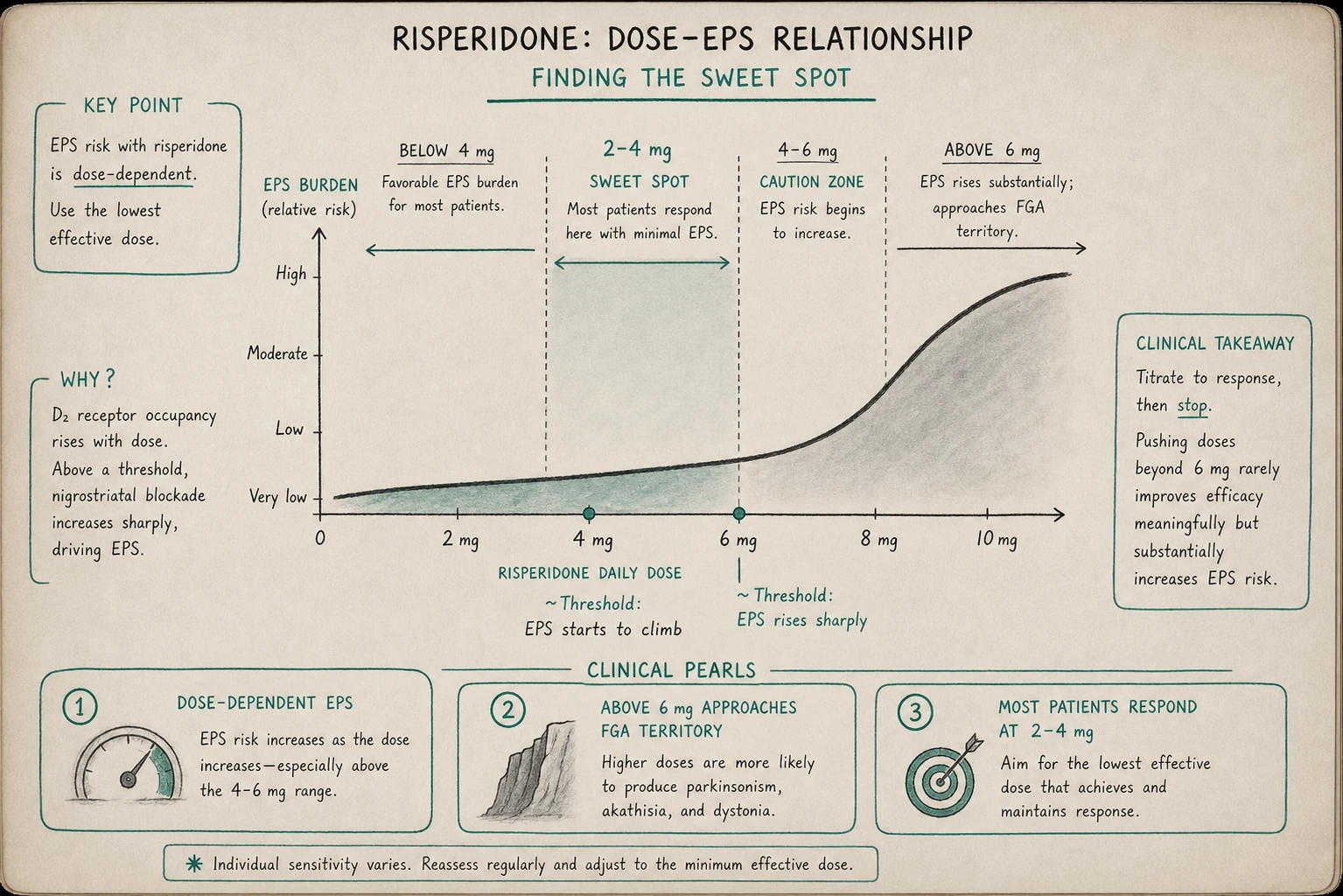 Risperidone's dose-dependent EPS: below 4 mg, EPS profile is favorable. Above 6 mg, EPS rises substantially — approaching FGA territory. Sweet spot is 2-4 mg for most patients.