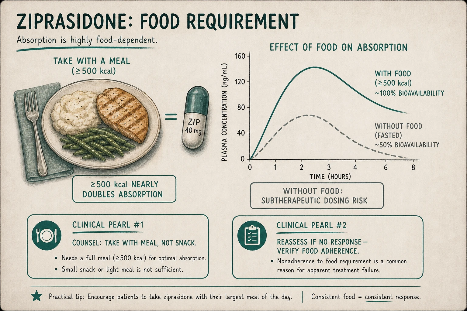 Critical food requirement: ziprasidone absorption nearly doubles with food ≥500 kcal. Without food, bioavailability halved — risk of subtherapeutic dosing. Patient education essential.