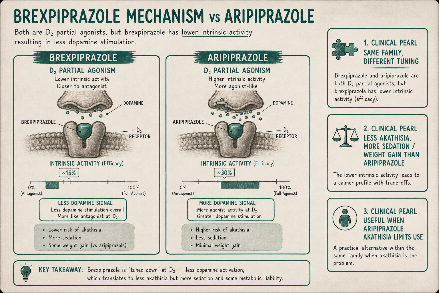 Brexpiprazole vs aripiprazole: similar partial agonist class but lower intrinsic D2 activity (closer to antagonist). Result: less akathisia, more sedation/weight gain. Same family, different tuning.