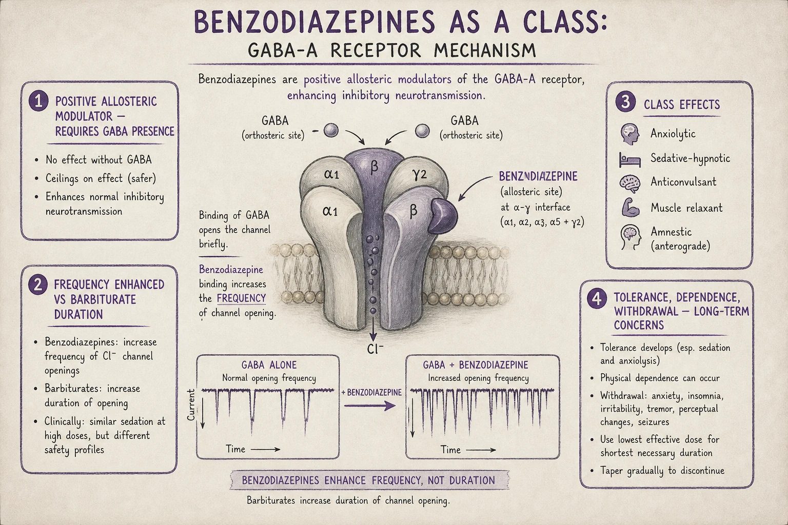 Benzodiazepine mechanism: bind GABA-A receptor at benzodiazepine site → enhance frequency of chloride channel opening when GABA is bound → increased neuronal inhibition. Distinct from barbiturates (duration of opening) and alcohol (direct GABA-A effects).