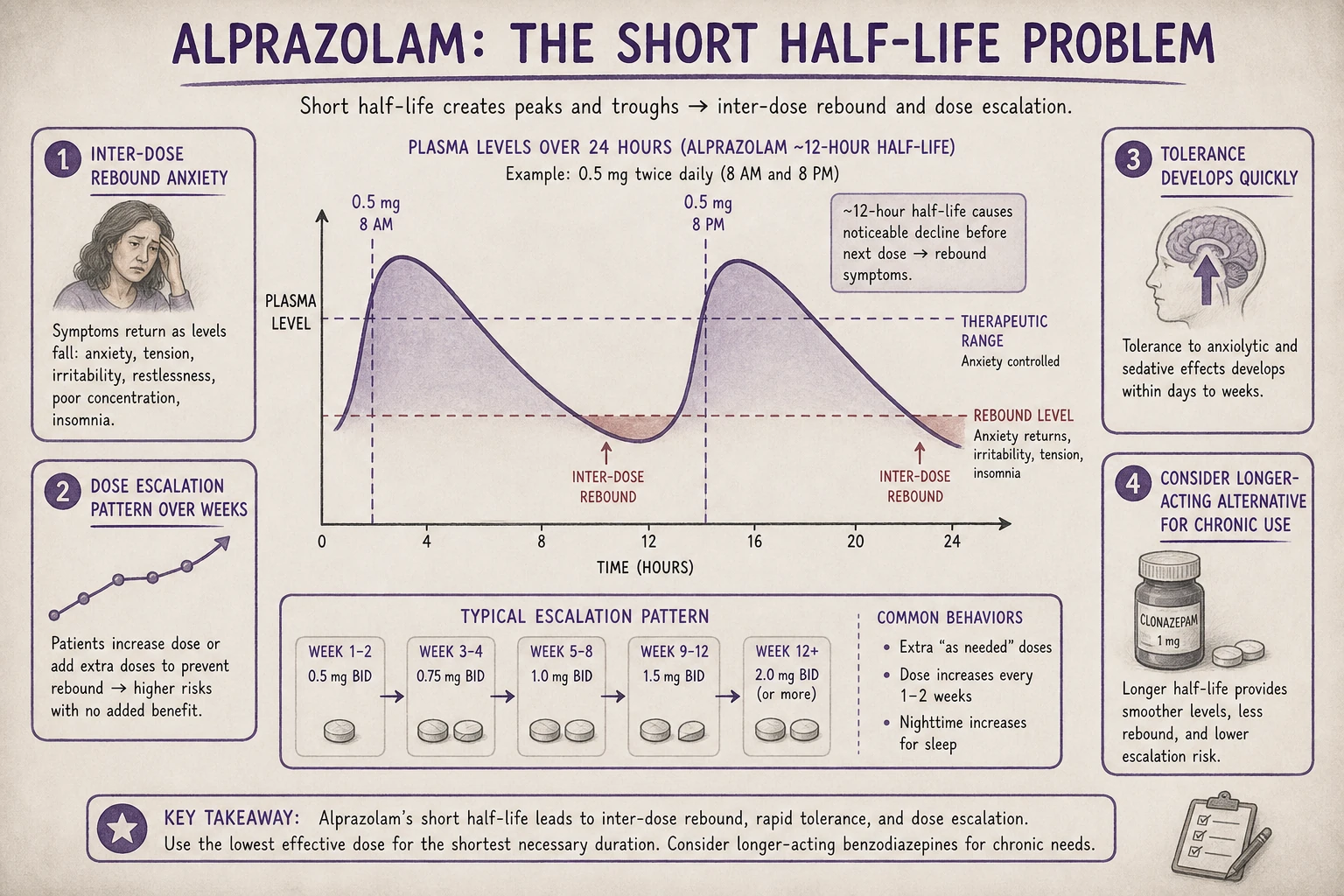 Short half-life problem: 12-hour half-life means rebound anxiety between doses. Patient escalates from BID to TID to QID. Tolerance and dependence develop quickly. Drug "needs" itself to maintain baseline.