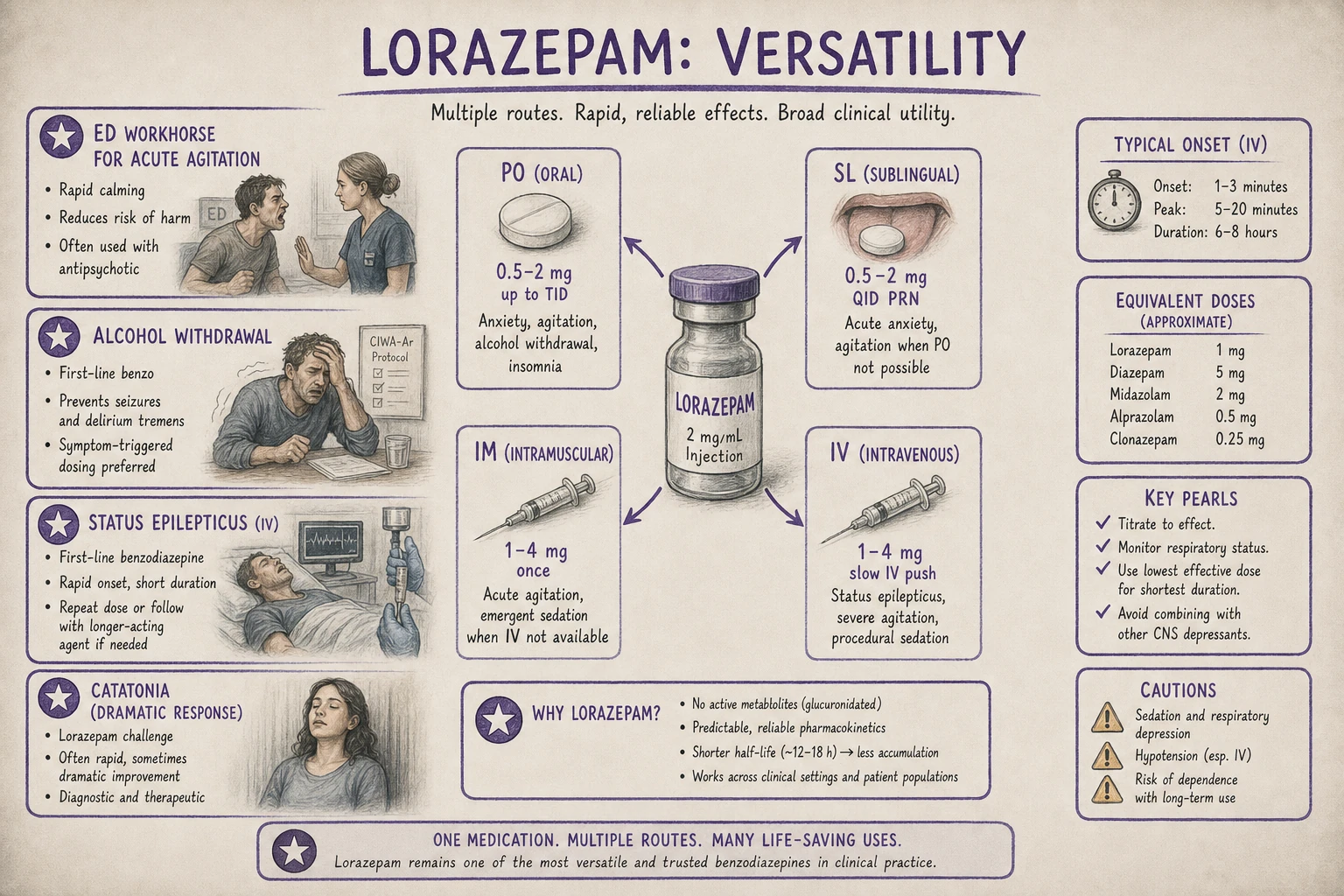 Lorazepam versatility: PO, SL, IM, IV — covers every acute situation. Multiple settings: ED agitation, alcohol withdrawal, status epilepticus, catatonia, procedural anxiolysis.
