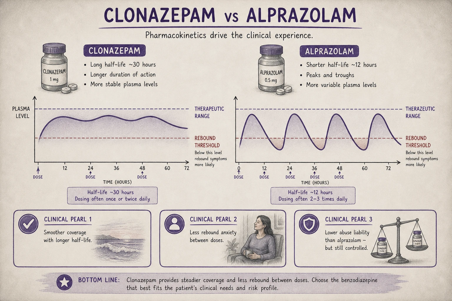 Clonazepam vs alprazolam for chronic panic: same efficacy, less rebound between doses, less severe withdrawal, lower abuse liability. The longer half-life advantage.
