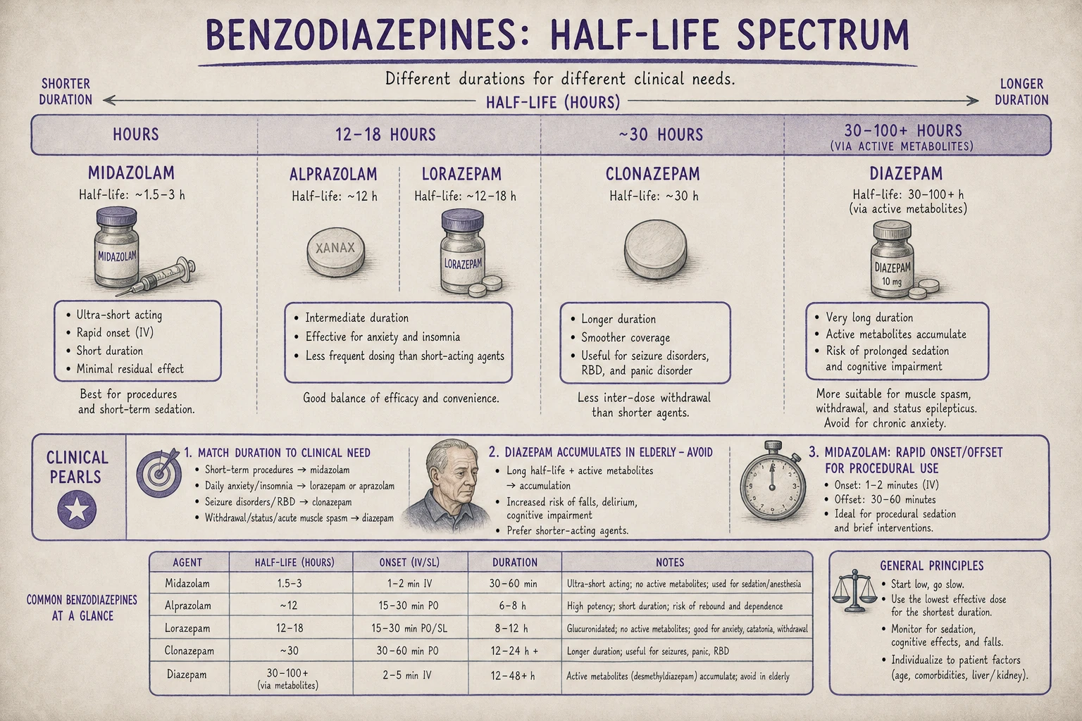 Benzodiazepine half-life spectrum: midazolam (hours) → alprazolam/lorazepam (12-18h) → clonazepam (30h) → diazepam (30-100h via metabolites). Different durations for different clinical needs.