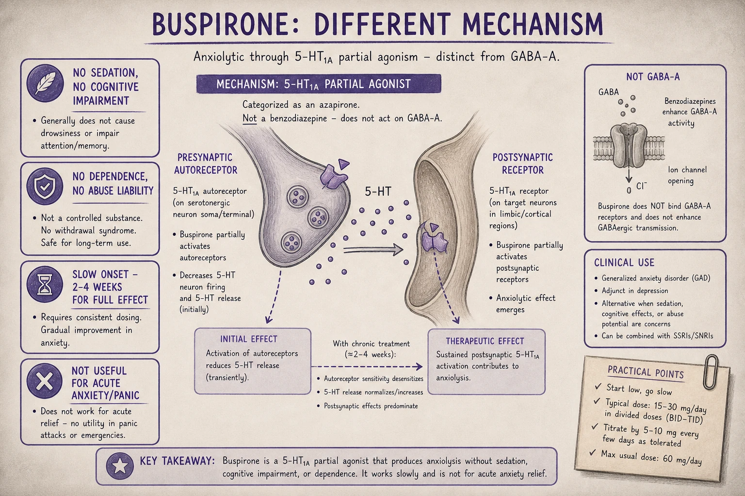 Buspirone's 5-HT1A partial agonism is mechanistically distinct from benzodiazepines (GABA-A) — no sedation, no cognitive impairment, no dependence, no abuse liability. But slow onset (weeks for full effect).
