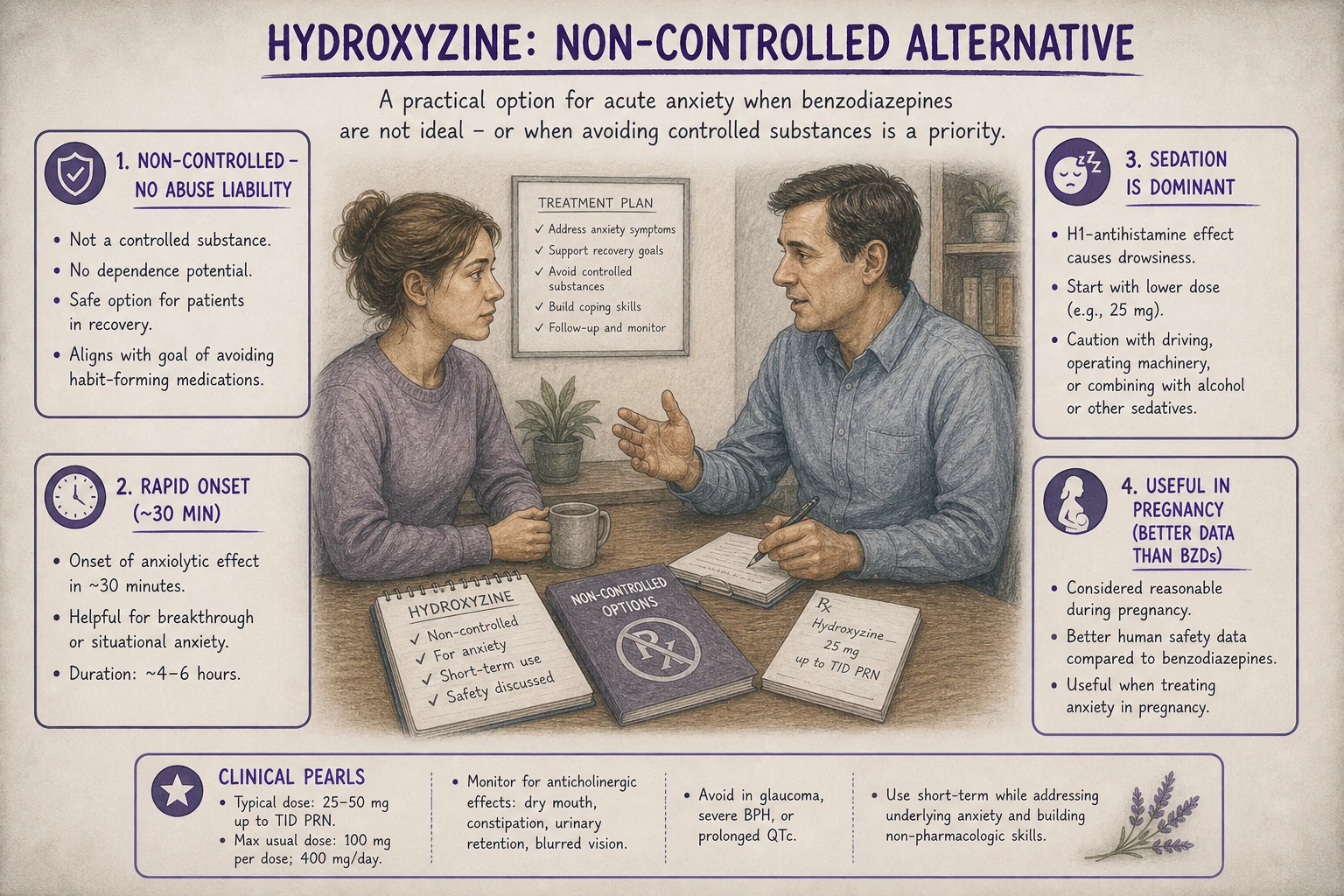 Hydroxyzine: non-controlled anxiolytic option for acute anxiety. Rapid onset (~30 min), no abuse liability, no dependence. Sedation is the dominant clinical effect.