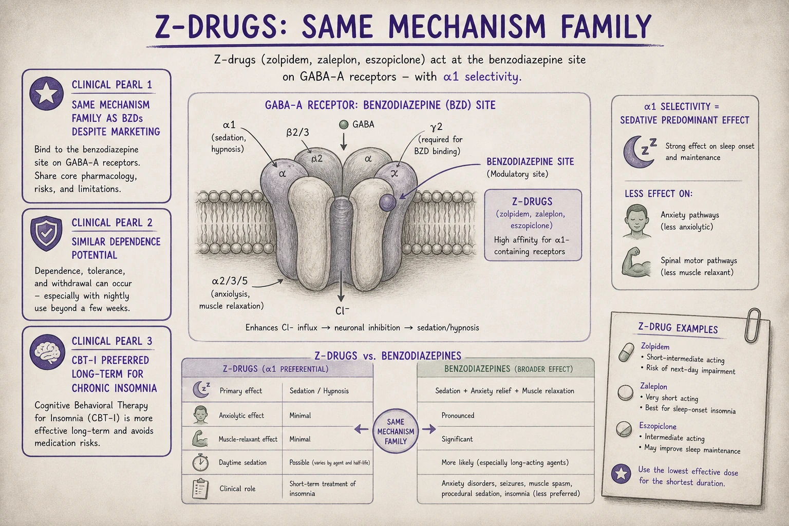 Z-drugs are GABA-A modulators — same family as benzodiazepines but with relative α1 selectivity. Sedative effect predominates; less anxiolytic/anticonvulsant/muscle relaxant. Marketed as different; mechanism is related.