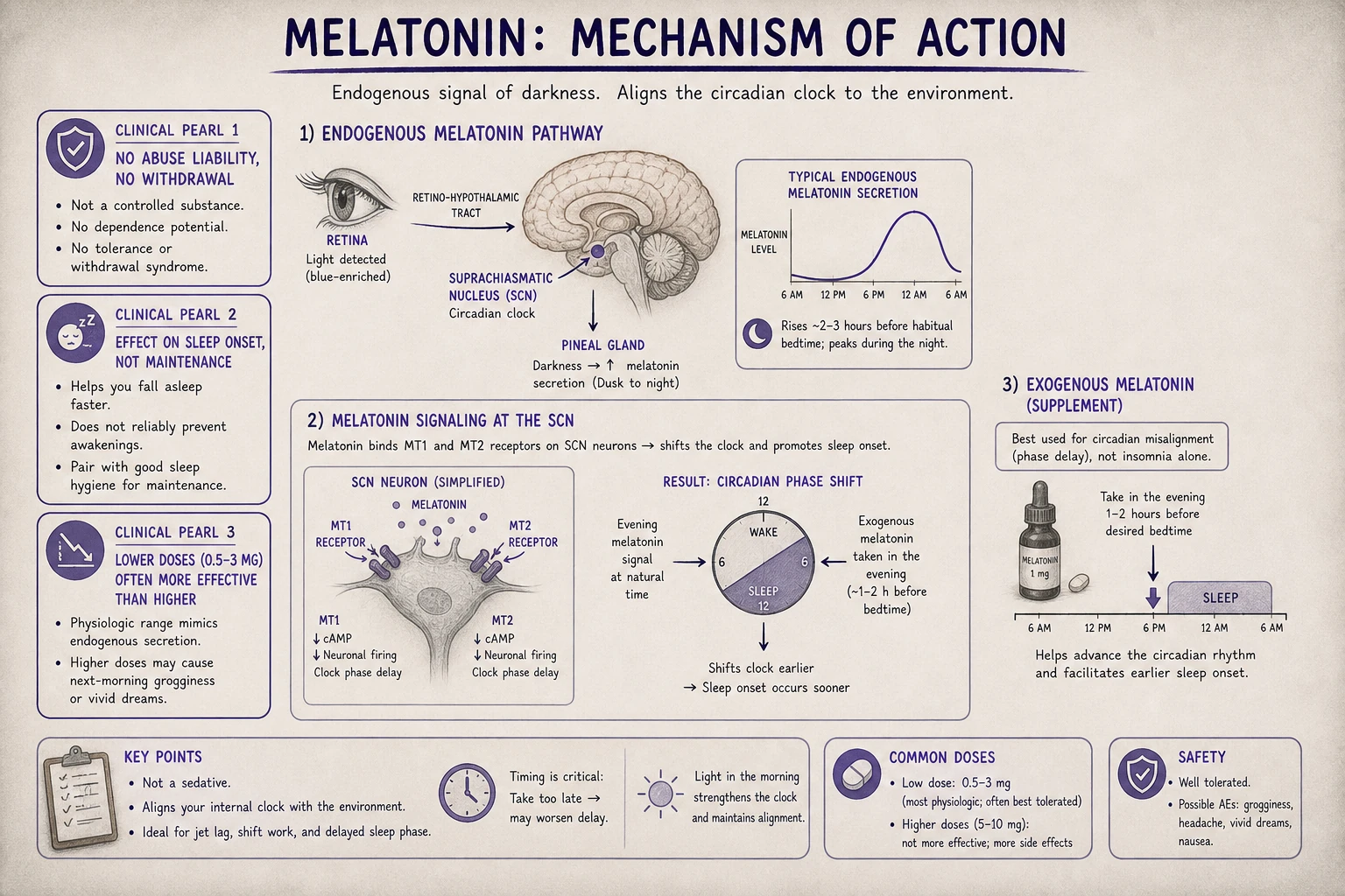 Melatonin mechanism: SCN (suprachiasmatic nucleus) MT1/MT2 receptors regulate circadian rhythm and sleep onset. Endogenous melatonin rises at dusk; exogenous melatonin shifts the rhythm.