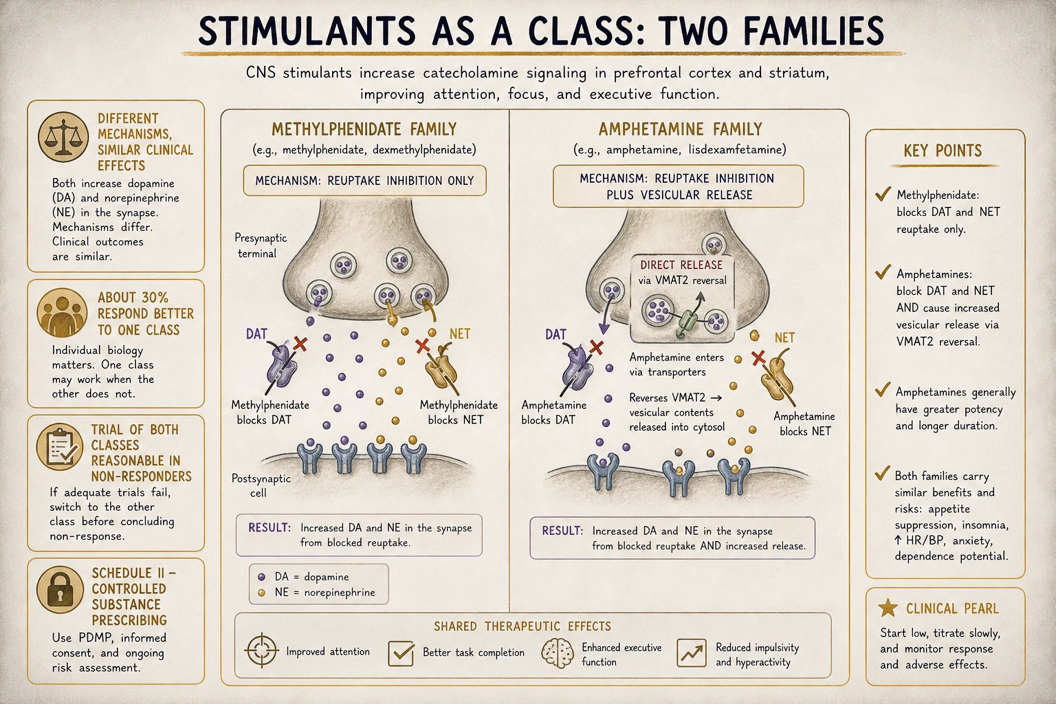 Two stimulant families: methylphenidate (reuptake inhibition only) and amphetamine (reuptake inhibition + direct release from vesicles). Different mechanisms produce similar clinical effects with subtle differences in response and tolerability.