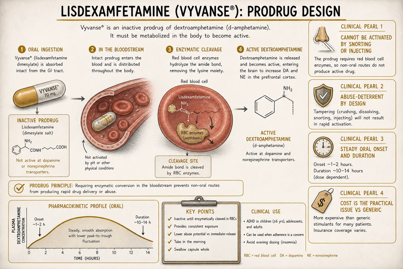 Lisdexamfetamine prodrug: pharmacologically inactive until cleaved by red blood cell enzymes. Cannot be activated by snorting or injecting — abuse-deterrent. Steady onset, smooth duration.