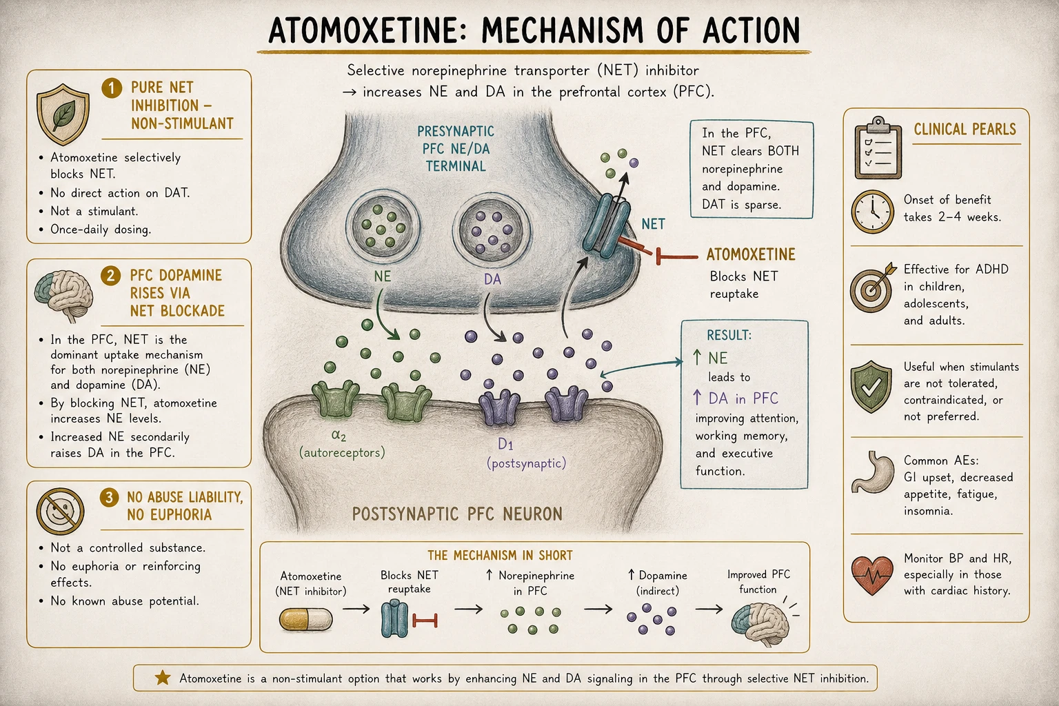 Atomoxetine mechanism: pure NET inhibition. In PFC, NET is dominant uptake for both NE and DA (the reuptake mechanism varies by brain region) — so PFC DA also indirectly increases. Different from stimulants' direct effect.