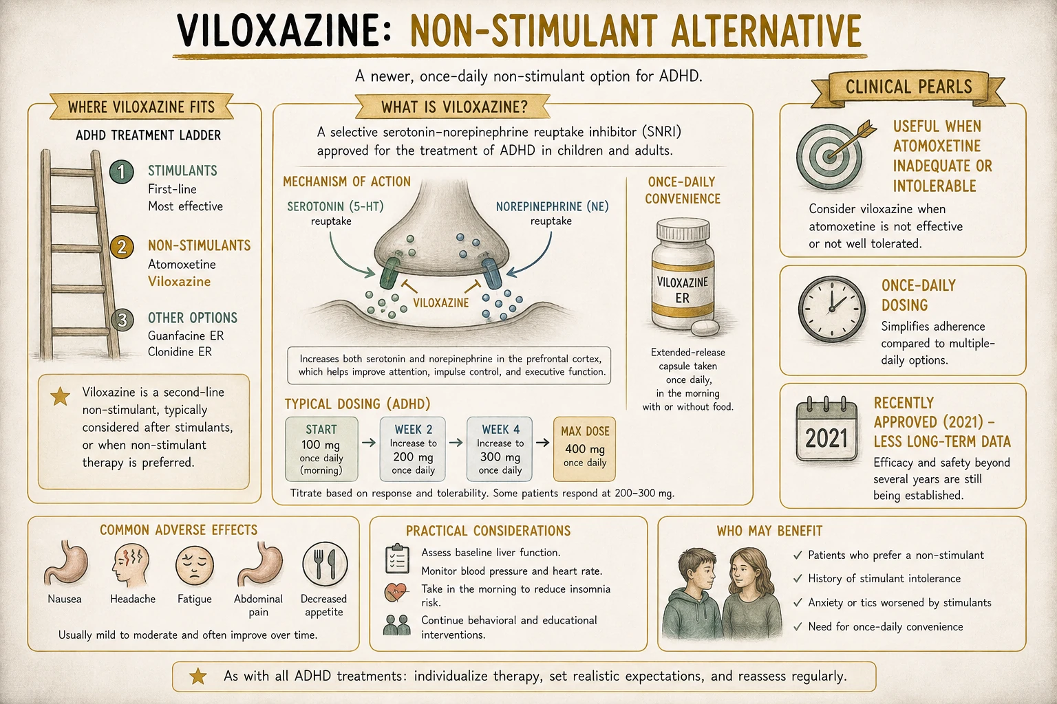 Viloxazine: another non-stimulant option for ADHD. Useful when atomoxetine has been tried and inadequate. Once-daily dosing convenient.