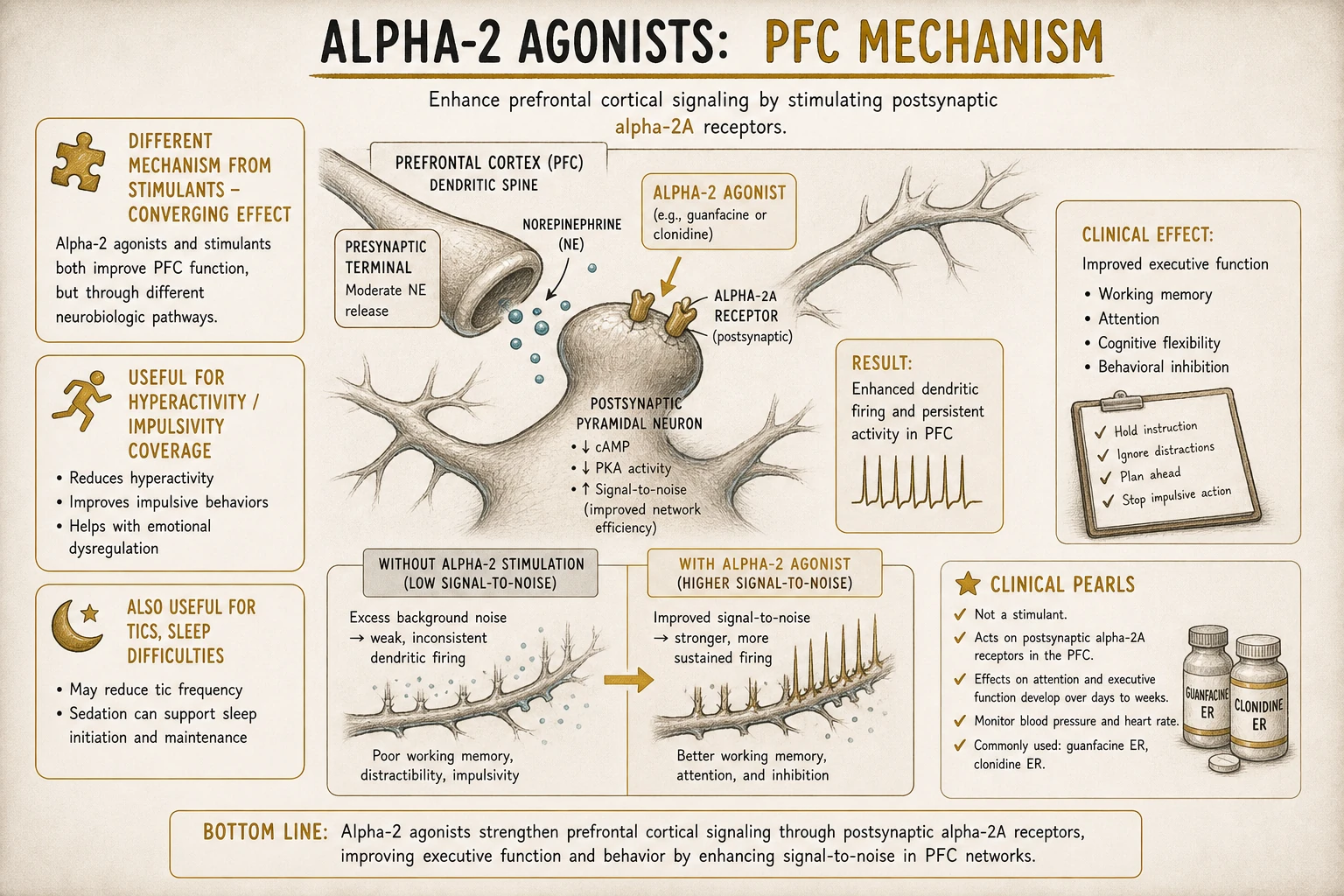 PFC alpha-2A mechanism: postsynaptic alpha-2A agonism enhances dendritic spine firing in PFC — improves working memory and behavioral inhibition. Different mechanism from stimulants (DA/NE elevation) but converging effects.