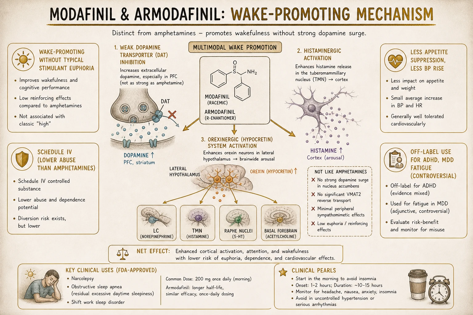Modafinil/armodafinil promote wakefulness without typical stimulant euphoria. Mechanism distinct from amphetamines — weaker DAT effect, additional histaminergic and orexinergic effects. Less abuse liability but Schedule IV.