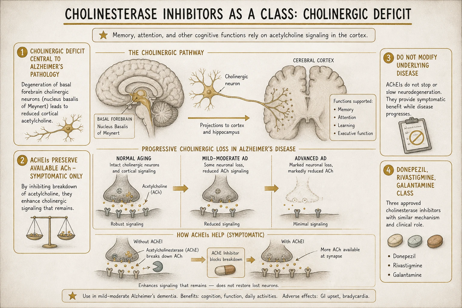 Cholinergic deficit in Alzheimer's: progressive loss of cholinergic neurons in basal forebrain (nucleus basalis of Meynert) → reduced cortical ACh signaling → cognitive decline. AChEIs partially compensate by preserving available ACh.
