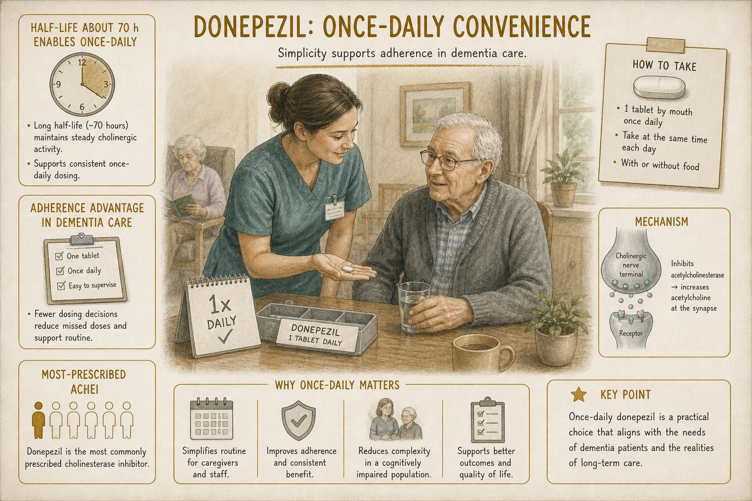 Once-daily dosing made possible by long half-life (~70 hours). Adherence advantage especially relevant in dementia. Most prescribed AChEI partly for this reason.