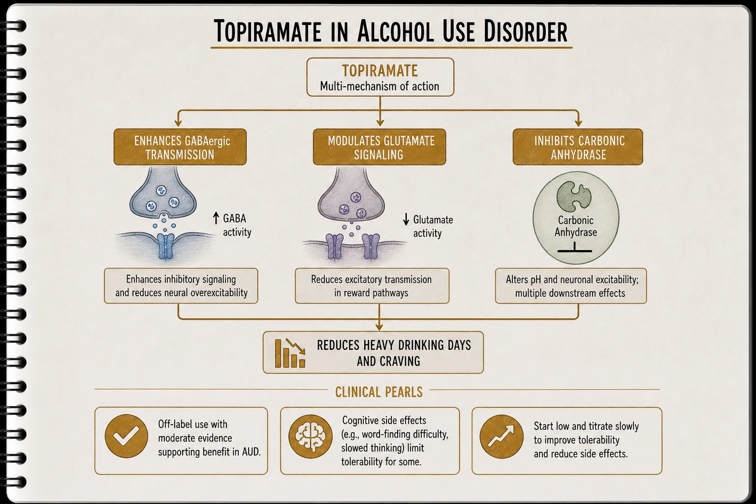 Topiramate for AUD: moderate evidence for reducing heavy drinking days. Multi-mechanism (GABA, glutamate, carbonic anhydrase) — distinct from naltrexone/acamprosate. Cognitive side effects ("dopamax") limit tolerability.