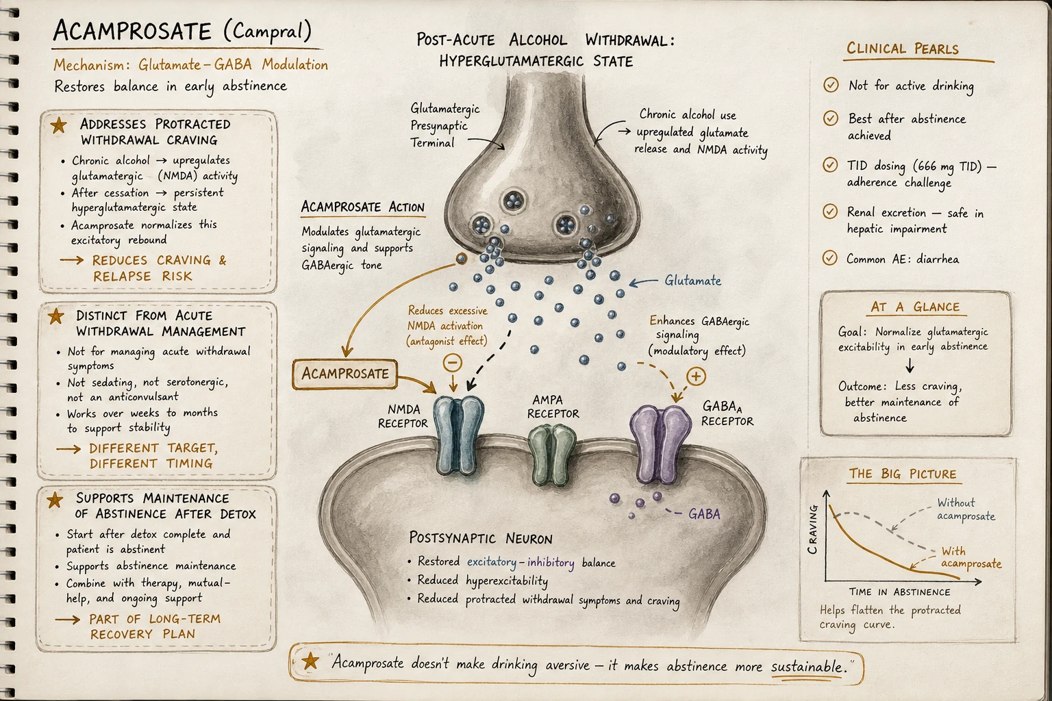 Acamprosate modulates glutamate (and possibly GABA) — addresses hyperglutamatergic state that persists in post-acute withdrawal. Reduces protracted craving distinct from acute withdrawal management.