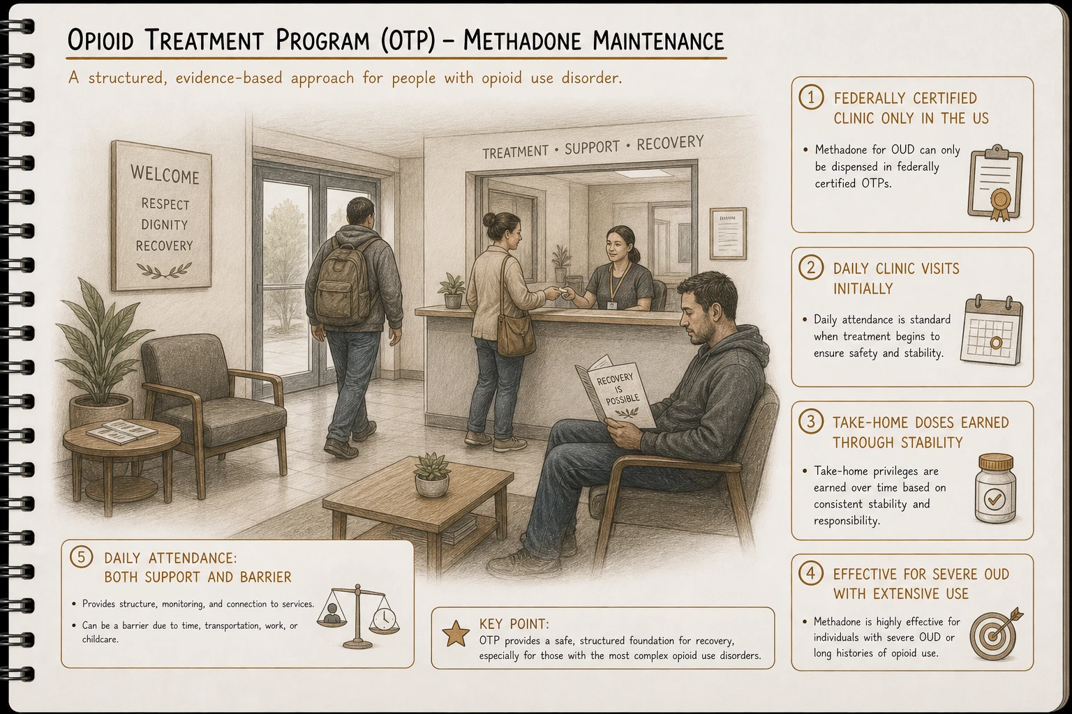 Opioid treatment program model: methadone dispensed daily at certified clinic. Daily visits initially → take-home doses earned through stability over months/years. Structure provides support but also barrier (clinic attendance).