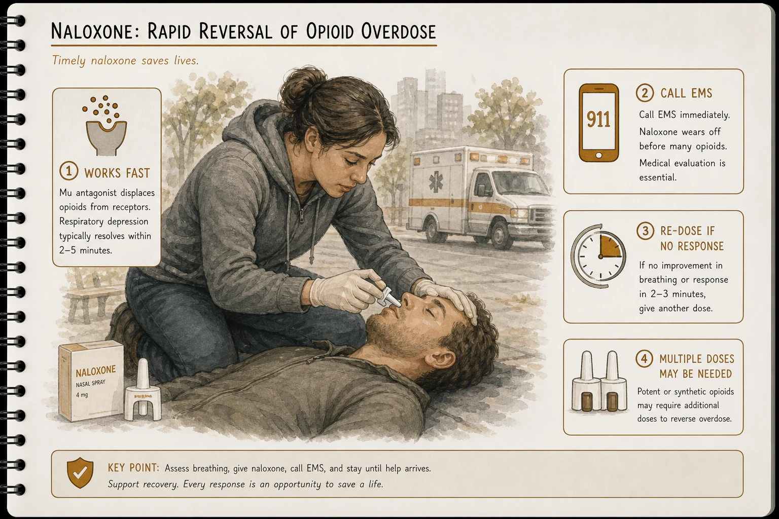 Opioid overdose reversal: naloxone displaces opioids from mu receptors, reversing respiratory depression and sedation within 2-5 minutes IM/IN. Life-saving intervention; must call EMS even after reversal.
