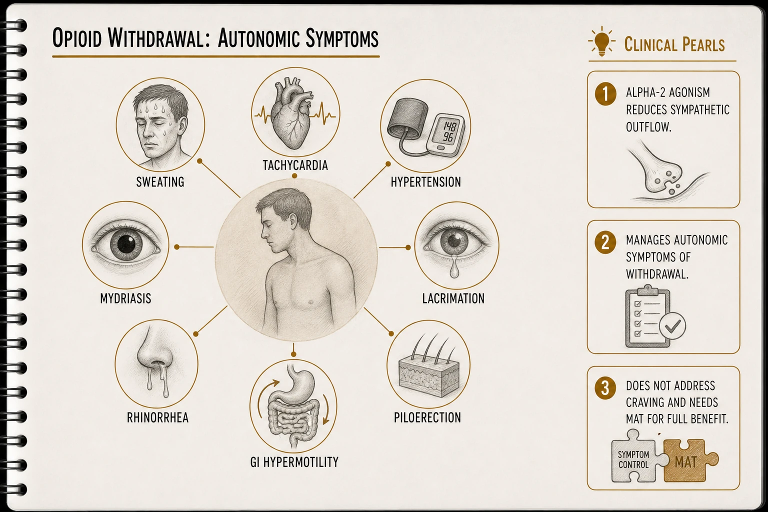 Opioid withdrawal autonomic symptoms: sweating, tachycardia, hypertension, mydriasis, lacrimation, rhinorrhea, GI hypermotility, piloerection, yawning. Alpha-2 agonists reduce these via sympathetic outflow suppression.